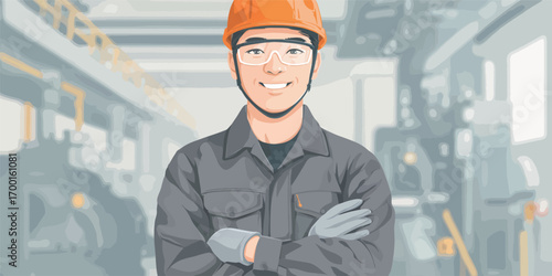 A factory worker stands with arms crossed, wearing safety goggles and an orange helmet.