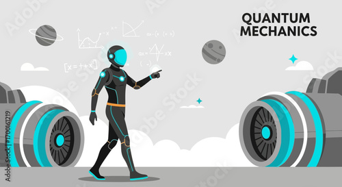 Conceptual illustration of quantum mechanics with a futuristic character and planetary elements