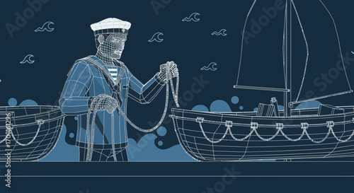 Conceptual illustration of a wireframe sailor with a rope near wireframe boats