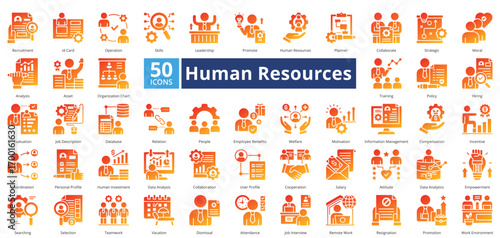 Human Resources glyph gradient style contains 50 icons including cooperation, salary, attitude, data analytics, empowerment, searching, selection, teamwork, vacation simple vector 