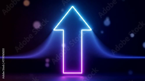 Vibrant neon arrow pointing upwards against a dark background, symbolizing growth and progress