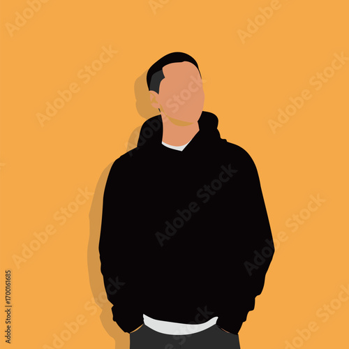 A young man with a blank expression is dressed in a black hoodie, standing casually against a bright yellow background that enhances the overall mood.