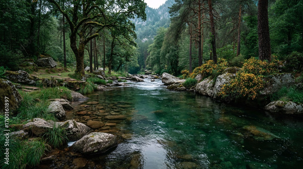 Obraz premium Crystal clear mountain stream flowing through lush green forest with rocks and nature.