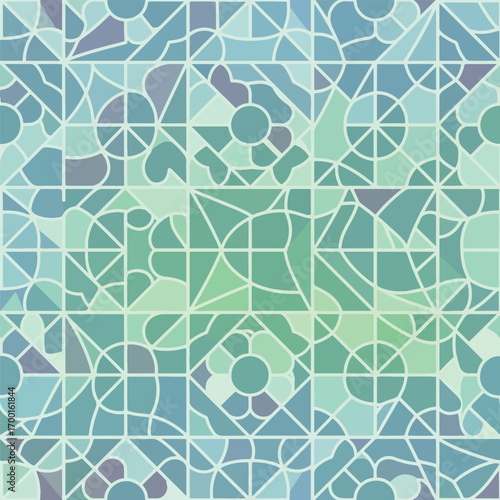Abstract stained glass pattern with geometric and floral motifs in blue and green, patern seamless, Stock royalty.