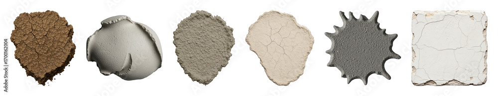 Fototapeta premium Abstract textured elements set including cracked earth, rough plaster, granular material, weathered stone, and peeling paint isolated. Graphic design and overlay collection.
