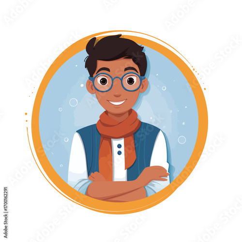 A cheerful young boy with glasses smiles while crossing his arms. He wears a stylish scarf and blue vest, set against a light blue backdrop.