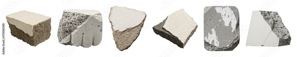 Obraz premium Broken concrete and plaster pieces set including rough, textured, and cracked variants isolated. Construction and industrial elements.