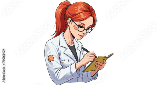 Cartoon scientist woman wearing glasses and white lab coat writing in notebook isolated on white background