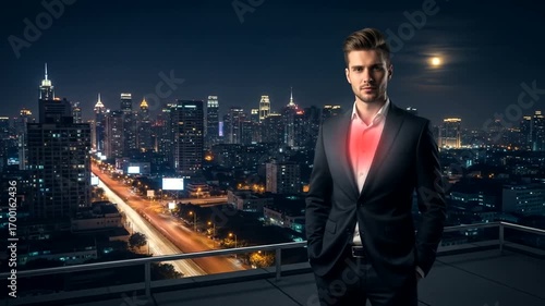 Young businessman in a suit standing on a rooftop at night, city skyline illuminated in background
