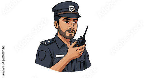 Cartoon police officer man with beard holding walkie talkie isolated on white background