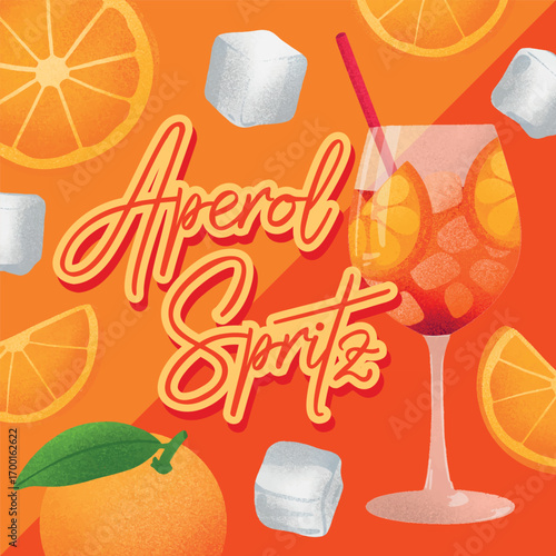 Summer cocktail illustration with Aperol Spritz, orange slices and ice cubes. Bright vector design for bar menu, party, beach holiday, restaurant, posters, drinks, refreshing beverage
