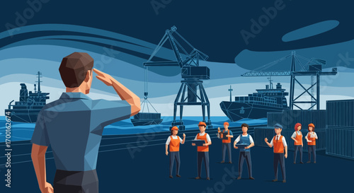 Dedicated port authority supervising cargo operations with a team of dockworkers