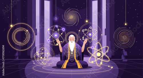 Enlightened master meditating in a cosmic temple surrounded by celestial energy and scientific
