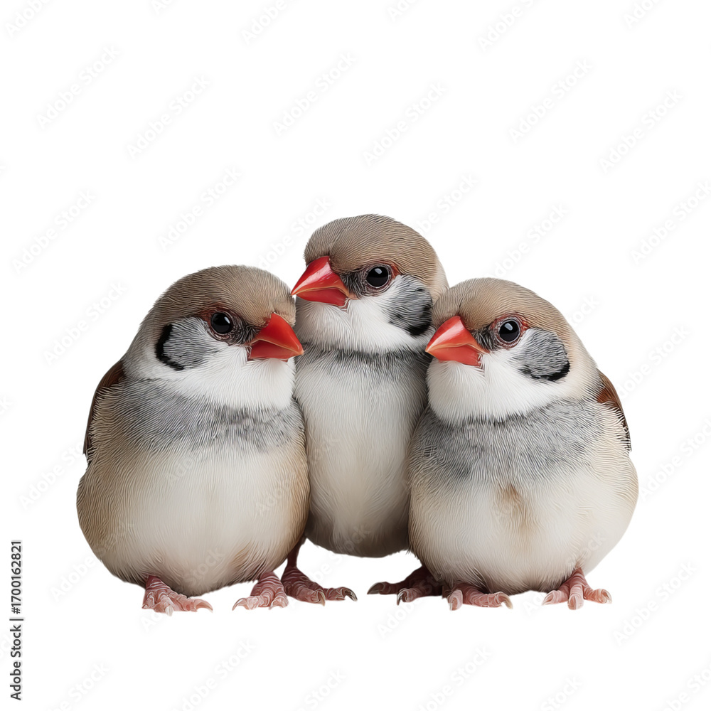 Naklejka premium Png of three adorable zebra finches isolated on transparent background, showcasing their unique patterns and colors in a closeup studio shot