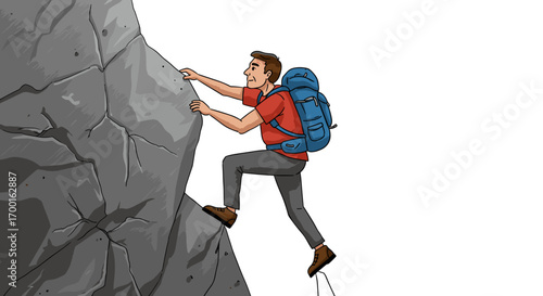Man hiking on a steep rocky cliff face with a backpack adventure climbing determination