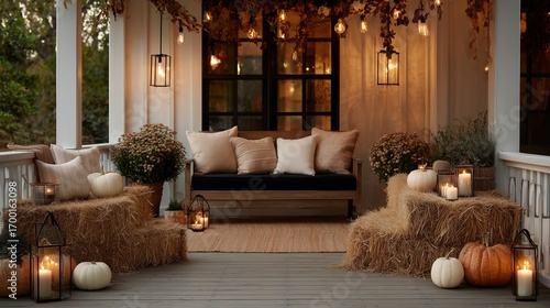 Cozy autumn porch decor featuring pumpkins, candles, and hay bales in a warm evening ambiance