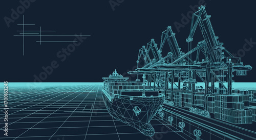 Digitally rendered shipping port with cargo ship and cranes in wireframe style