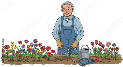 Elderly Man Tending to Colorful Spring Flowers in Garden with Watering Can and Gloves