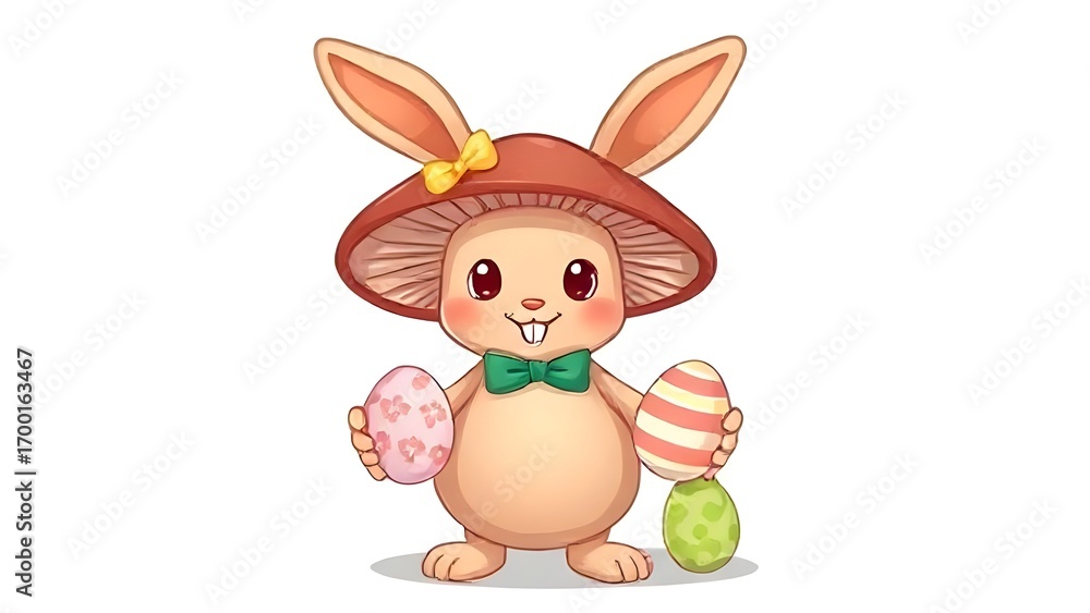 Fototapeta premium Easter bunny with colorful eggs on grass cartoon illustration