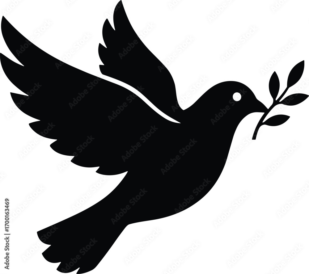 Obraz premium vector silhouette, dove with olive branch, side view, solid black