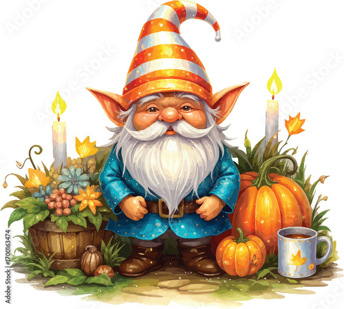Charming gnome with autumnal decorations and cozy drink