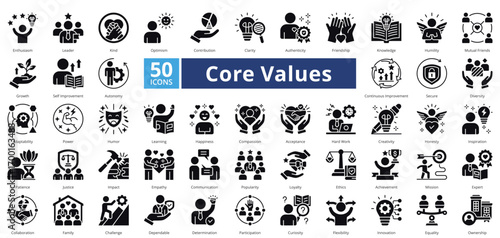 Core Values glyph style contains 50 icons including adaptability, power, humor, learning, happiness, compassion, acceptance, hard work, creativity simple vector 
