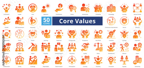 Core Values glyph gradient style contains 50 icons including patience, justice, impact, empathy, communication, popularity, loyalty, ethics, achievement simple vector 