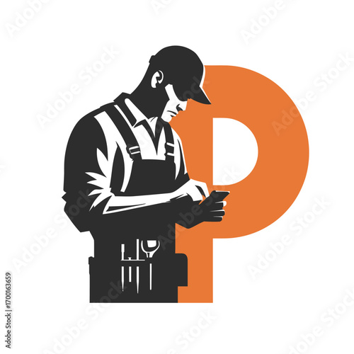 A worker in overalls and a cap focuses on a mobile device while standing beside a large letter P. The design showcases a blend of activity and typography.