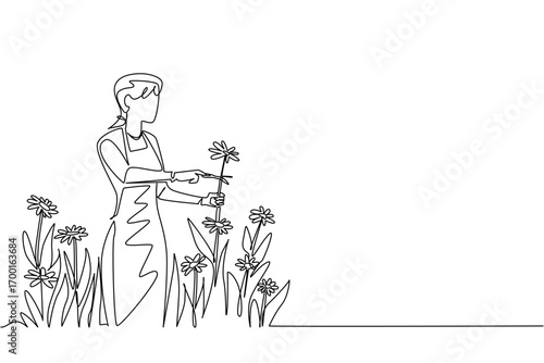 Minimalist continuous line drawing of woman picking flowers in garden, symbolizing outdoor activity, physical wellness, and lifestyle balance in a health concept for National Gardening Exercise Day.