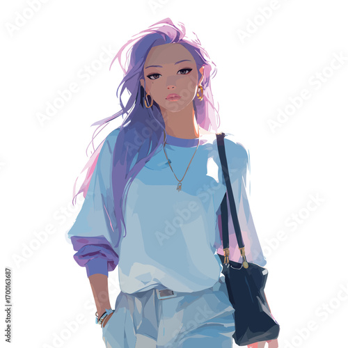A young woman with flowing purple hair stands confidently, dressed in casual clothes and accessorized with a stylish bag. Her expression showcases a blend of grace and strength.