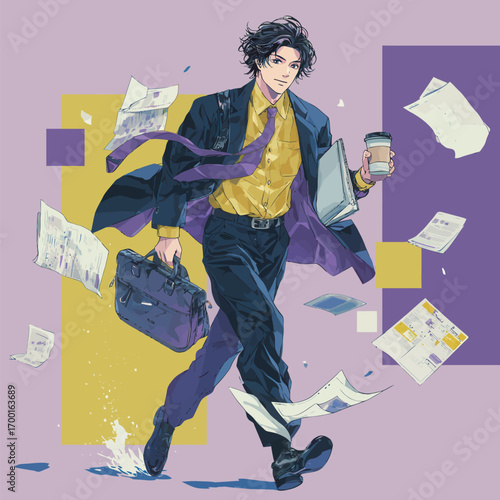 A business professional walks briskly with a coffee in one hand and a briefcase in the other, papers flying around in an office setting.