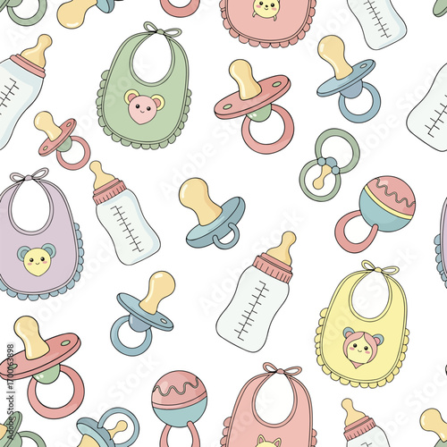 Adorable seamless pattern featuring baby essentials like bibs, bottles and pacifiers, seamless pattern, royalty stock.