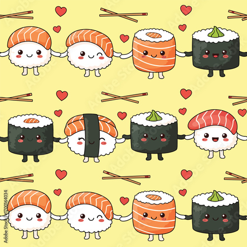 Adorable sushi characters holding hands pattern on a yellow background with hearts, patern seamless, Stock royalty.