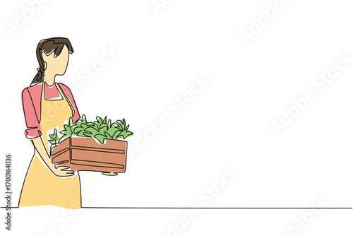 Continuous line drawing of a woman gardener with apron holding wooden crate of fresh plants, celebrating eco lifestyle and nature concept during National Gardening Exercise Day event.