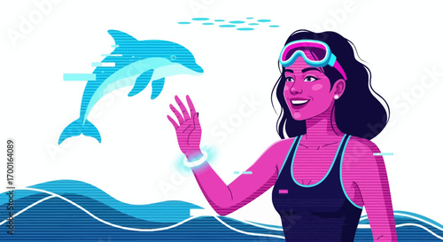 Enchanting encounter woman reaching out to pixelated dolphin a virtual aquatic dreamscape