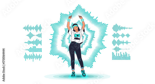 Energetic girl dances surrounded by vibrant turquoise sound wave graphic elements