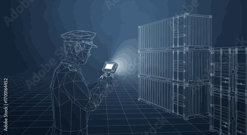 Futuristic Cargo Security Illustration: Customs officer inspecting shipping containers with scanner
