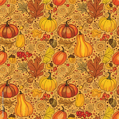 Autumn harvest pattern featuring pumpkins, leaves, acorns and berries vector art, patern seamless, Stock royalty free.