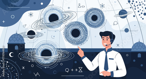 Expert Explaining Black Holes and Space Phenomena with Headset and Presentation