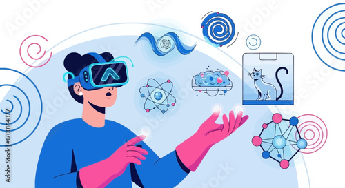 Exploring the virtual universe a woman using VR technology with vibrant scientific icons