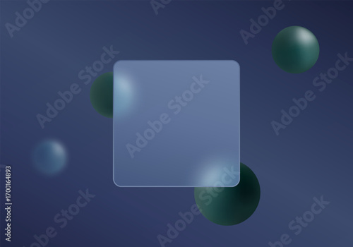 Dark blue glass morphism style mockup with matte square panel and smooth green spheres for landing page design.