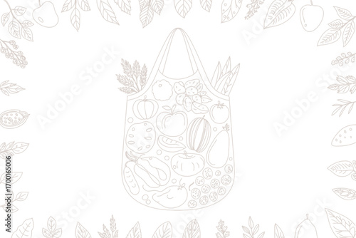 Drawing of a tote bag filled with fruits and vegetables surrounded by leaves on a white background
