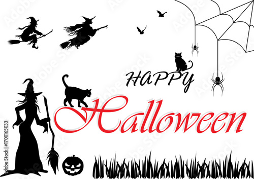 Happy Halloween Text Banner.Witch flying on a broomstick.Halloween night background with pumpkin.