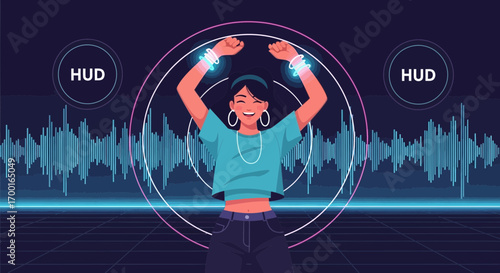 Futuristic interface illustration, woman dancing with augmented reality bracelets and hud circles