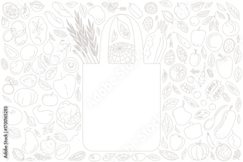 Outline illustration of a tote bag surrounded by various fruits and vegetables in a white background