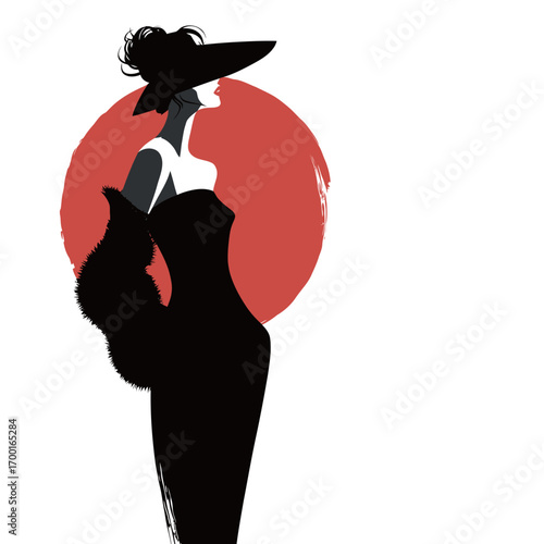 A stylish woman stands confidently in a long black gown with fur accents. Her large hat casts a shadow, enhancing her elegant silhouette against a vibrant red circle.