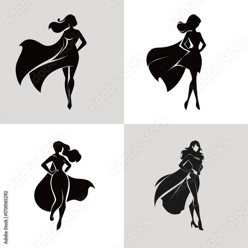 Four artistic silhouettes showcase strong women in fashionable dresses and flowing capes. Each figure embodies confidence and elegance against light and dark backgrounds.
