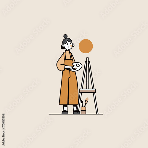 A creative artist stands by an easel holding a paint palette, ready to begin painting an orange circle on a light background. Brushes and tools are nearby.