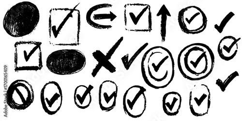 Tick Marks and Symbols: A collection of hand-drawn check marks and related symbols, perfect for representing choices, decisions, and confirmation in a digital or print format.