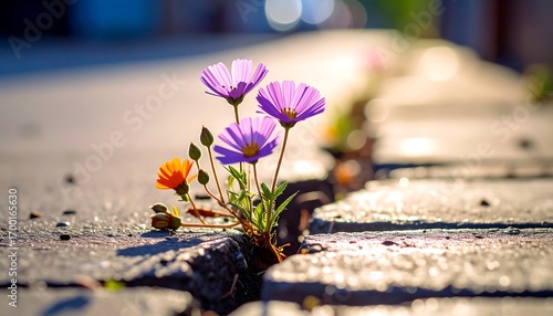 A symbol of hope and strength as beautiful wildflowers bloom from a crack in the city sidewalk, representing perseverance and new life
